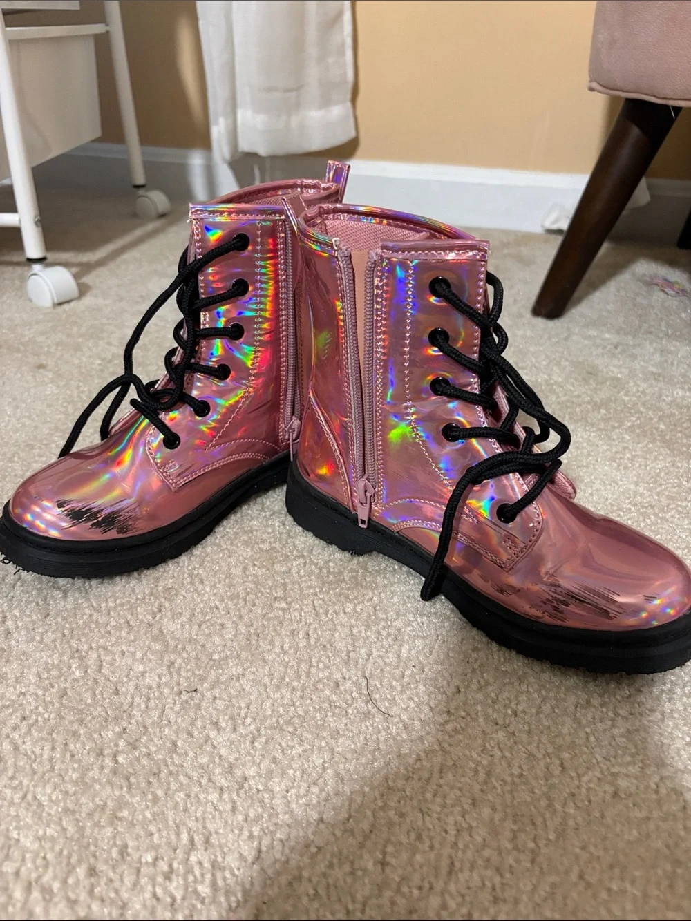 Kids Holographic Pink Lace-Up Boots